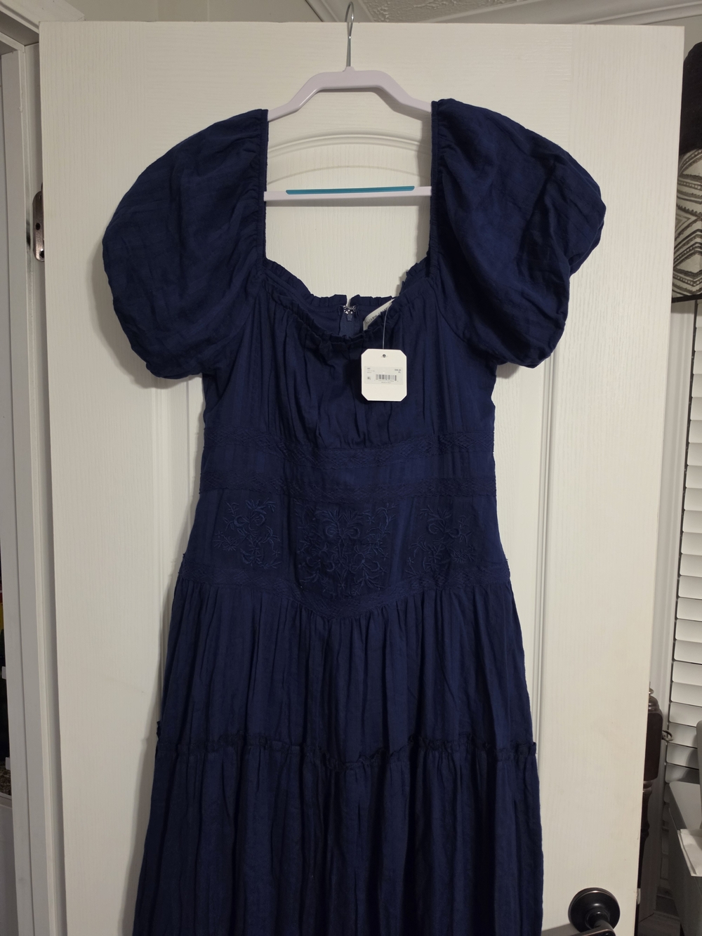 Navy Puff-Sleeve Tiered Maxi Dress